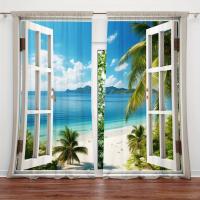 2pcs Cortina De Ventana Con Estampado De Paisaje De Playa Para Decoración Del Hogar Tratamiento De Ventana Para Dormitorio Oficina Cocina Sala De Estar Y Estudio 100% Poliéster - details 3