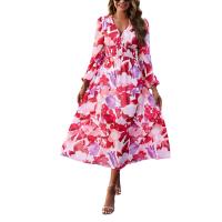 Vestido Bohemio Casual De Maxi Para Mujer Con Estampado V-Neck Manga Larga Cintura Alta 4 Colores Poliéster Para Playa Y Vacaciones - details 21