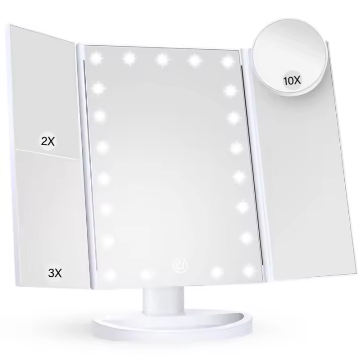 Espejo De Maquillaje LED Trifold Con Pantalla Táctil Iluminado Y Magnificación 1x/2x/3x Estación De Trabajo USB Para Belleza - 1