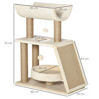 PawHut Árbol para gatos Cozy Chic Design con múltiples equipos, centro de actividades, postes rascadores, plataformas rascadoras, cama de juego, pelota colgante en madera y sisal de felpa corta, 60 x 30 x 76 cm - details 2
