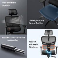 Silla ergonómica NEWTRAL NT001 con soporte lumbar adaptable, respaldo ajustable en 3 ángulos de inclinación, reposabrazos, reposacabezas y base de nailon con 5 posiciones de bloqueo - Versión estándar - details 0