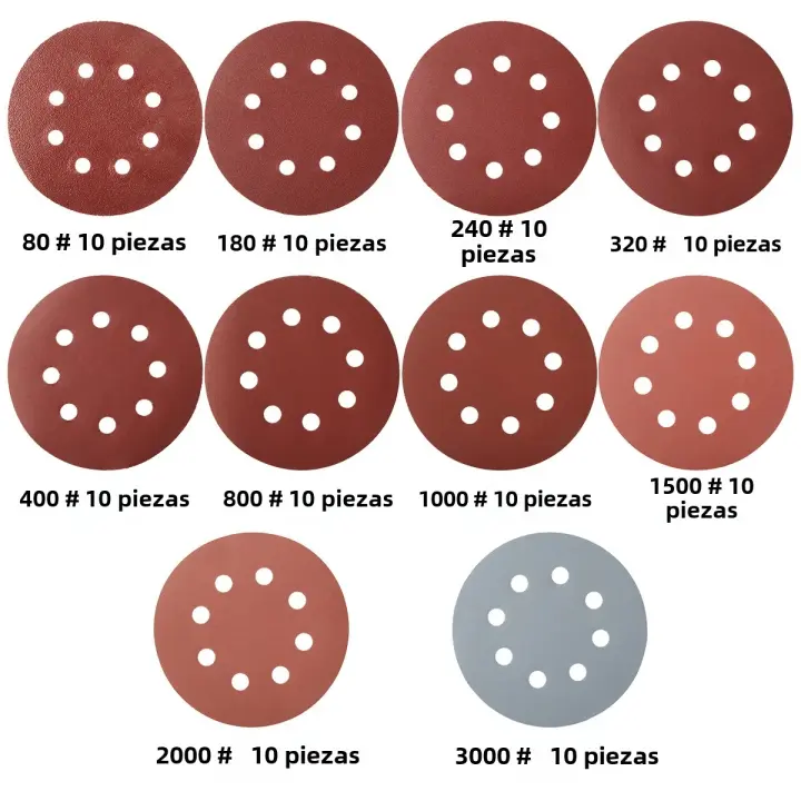 100 Piezas De Disco De Arena 5 Pulgadas Redondo Alumina Disco De Arena 8 Agujeros Papel De Arena Cambio Rápido Placa De Arena Metal Pulido Madera Vidrio Carro - 1