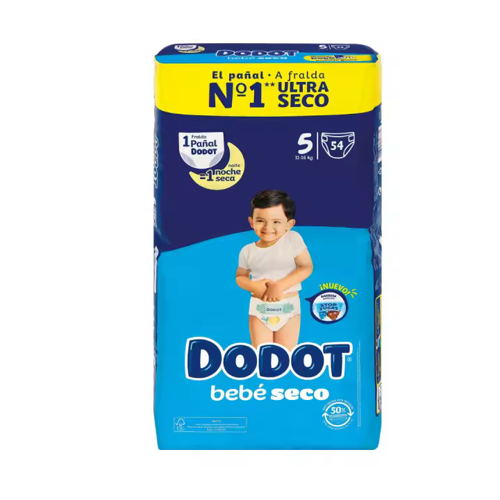 Dodot Bebé Seco Talla 5 (11-16kg) Pack de 54 pañales - Protección confiable y duradera para tu bebé - Máxima absorción y comodidad - Marca Dodot - 1