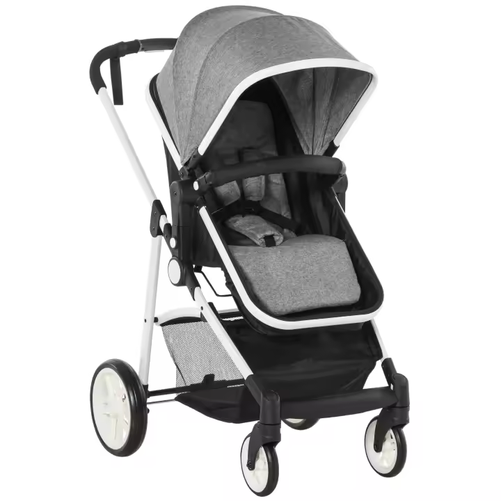 HOMCOM Silla de Paseo 2 en 1 Cochecito de Bebé y Capazo para Niños de 0-36 Meses con Capota Plegable Respaldo Reclinable Cesta Grande Palanca de Freno Carga 15kg 80x51x102 cm Gris - 1