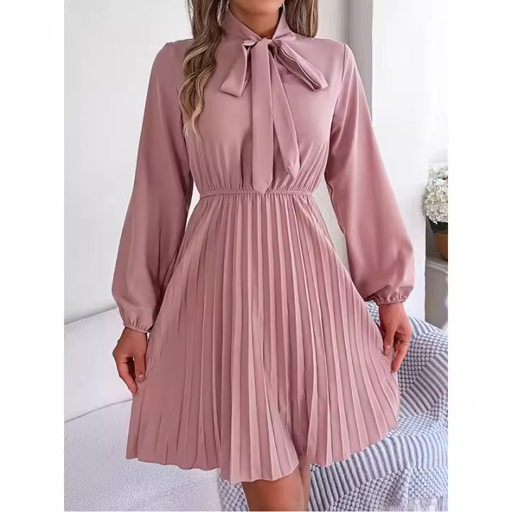 Vestido EVNISI Para Mujer De Color Rosa Con Lazo Y Pliegues De Manga Larga Elegante Para El Office Y Party Vestidos De Otoño - 1