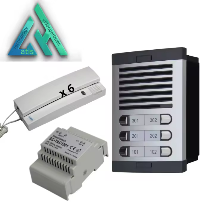 Kit de Portero Automático - 2 Hilos,facil instalación, para comunidades,Completo Placa de Calle, Caja, alimentador DIN 12Vac/1A y  teléfonillos (6 viviendas).Secreto de conversación.Gran cáidad de audio y acabados, Frontal resistente fabricado de aluminio - 1