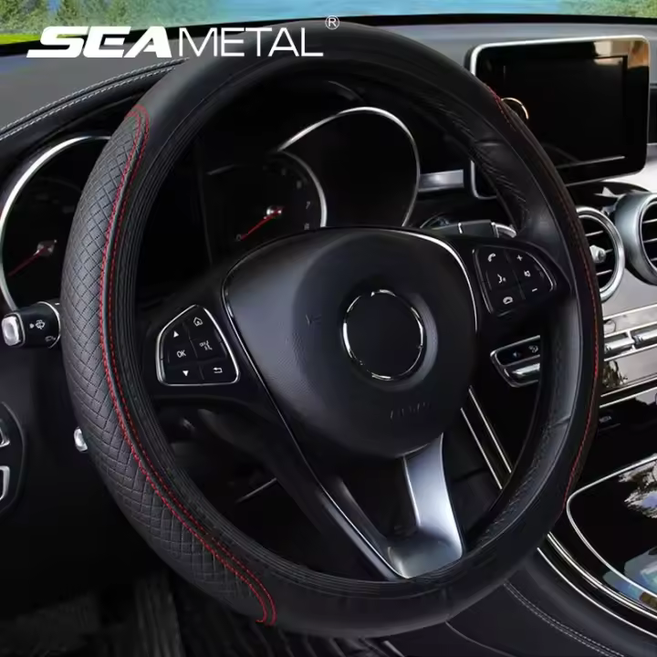 SEAMETAL Funda Para Volante De Microfibra Cuero Universal Tamaño 37-39CM Antideslizante Transpirable Protector Para Coche Negro Rojo Azul - 1
