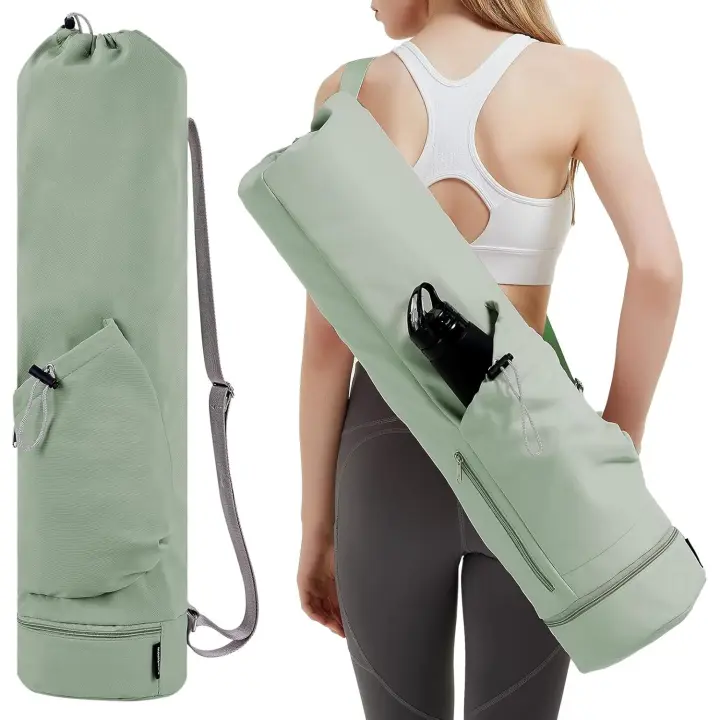 Bolsa grande para esterilla de yoga con correa de transporte ajustable Bolsa para pilates con bolsillo para botella y compartimento para artículos húmedos (verde) - 1