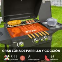 Outsunny Barbacoa de Gas BBQ Gas con 3+1 Quemadores 8,5 kW Barbacoa Portátil con Termómetro Mesa Lateral Parrilla Recogedor de Grasa 2 Ruedas para Jardín Exterior Camping Negro - details 3