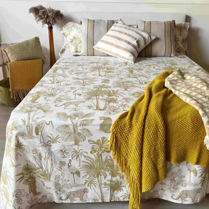 Juego de Sábanas Alo Home 100& Algodón - Estampado Toile de Jouy Oro Selva- Cama 90/135/150 cm+ Funda Almohada - 1