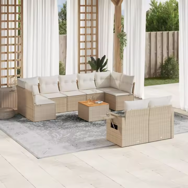 vidaXL Juego de sofás jardín con cojines beige 10 pzas ratán sintético - 1