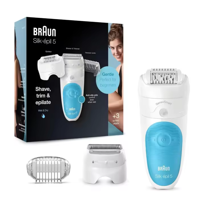 BRAUN Silk-épil SES5605 Depiladora para mujer 28 pinzas depilación y resistente al agua, color Azul y Blanco - 1
