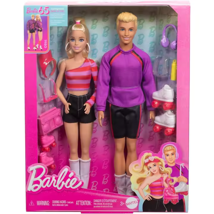 Barbie Fashionistas Barbie y Ken Patinadores, Pack muñeca y muñeco rubios con patines y accesorios de patinaje, colección 65º aniversario, juguete regalo para niños y niñas +3 años (Mattel HXK90) - 1