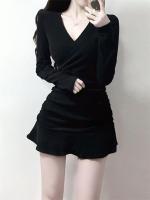 Vestido Mini Elegante De Mujer En Negro Con Cuello V Manga Larga Volantes Y Ajustado Estilo Y2k Para Otoño Ropa Moda - details 14