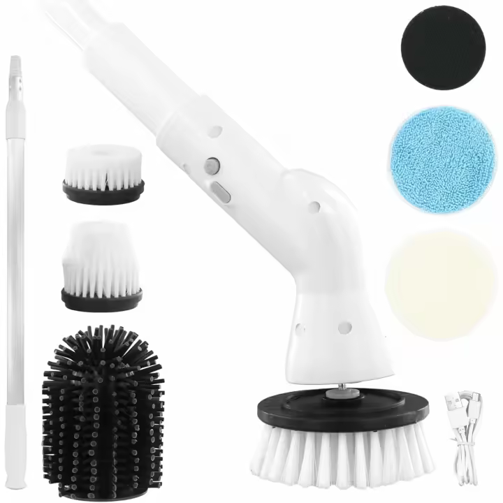 Cepillo Limpieza Hogar, Cepillo Electrico Limpieza, Mango Telescópico Ajustable, Fregadora Giratoria Eléctrica con 6 Cabezales de Cepillo Reemplazables para Baño, Cocina, Piso - 1