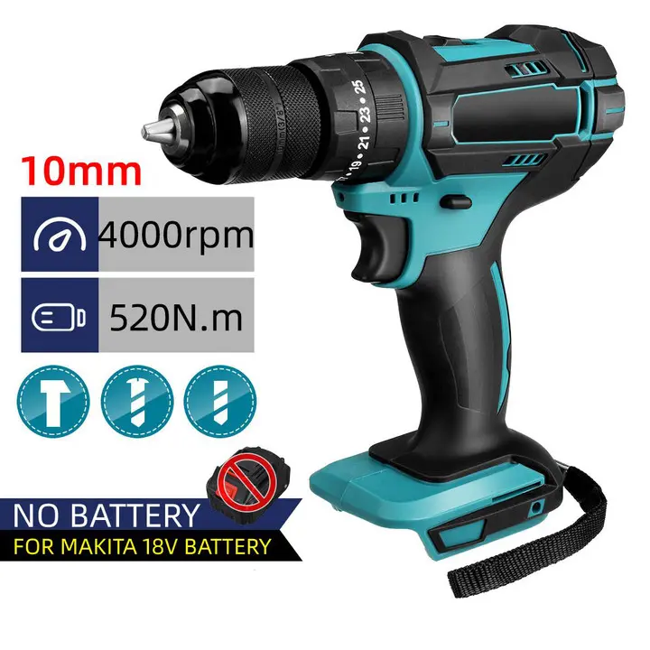 Taladro de impacto eléctrico 3 en 1, 4000rpm, 520n. M, 10mm, 13mm, Portabrocas, martillo de taladro plano, destornillador eléctrico para batería Makita de 18V,Taladro inalámbrico - 1