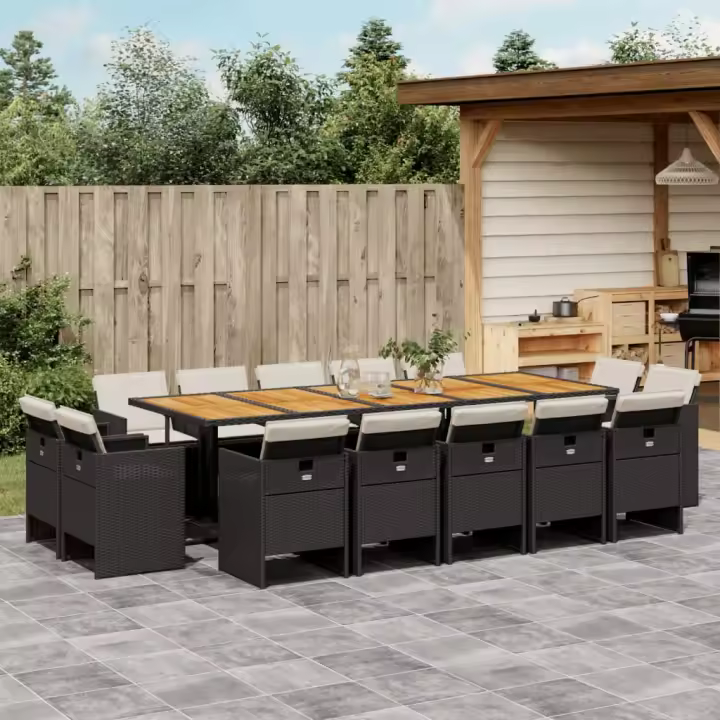 vidaXL Set comedor de jardín con cojines 15 pzas ratán sintético negro - 1