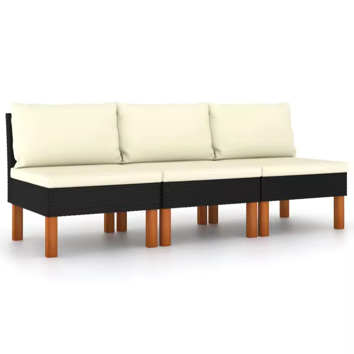vidaXL Sofás centrales 3 uds ratán sintético y madera de eucalipto Gris, Negro, Conjunto Terraza Muebles Jardín Exterior Juego de Muebles de jardín Mueble Jardín Exterior Muebles de Salon Exterior - 1