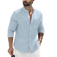 Camisa Casual Para Hombre De Color Sólido Algodón Y Lino Con Cuello En Punta Manga Larga Botones Únicos Versátiles Para Playa Y Primavera Y Verano - details 3