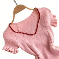 Vestido Bodycon Mini Para Mujer En Rosa Con Volantes Y Cuello En V Estilo Casual Para Fiestas Y Club High Stretch Ribbed Knit - details 2