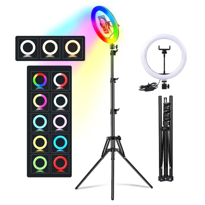 Anillo De Luz RGB Selfie 10in 26cm Con Trípode Telescópico Y Soporte Para Teléfono Lámpara De Relleno De Maquillaje Para Fotografía - 1