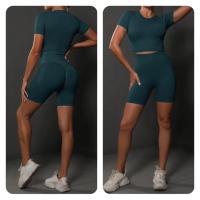 SSITO Nuevo conjunto de Pantalones cortos de manga cortos de Yoga de color sólido de melalgodón sin costura para correr, deportes y Fitness conjunto de Dos piezas - details 21