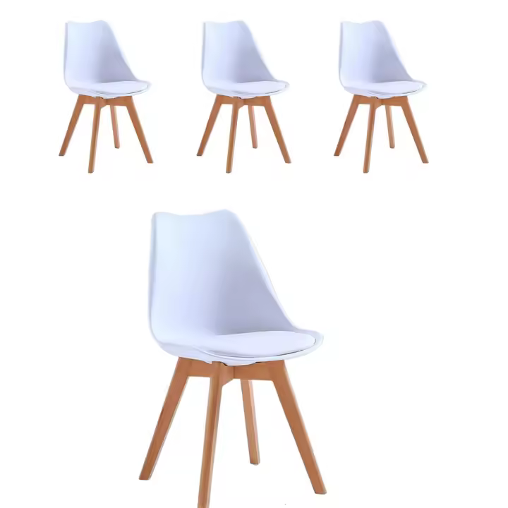 Juego de 4 sillas tulipán con patas de madera, mueble estilo nórdico medieval, con asiento acolchado de cuero sintético, para escritorio, comedor, dormitorio, balcón o restaurante BAR hosteleria, OFICINA Mesa de comedor nórdica  cocina, BLANCO - 1