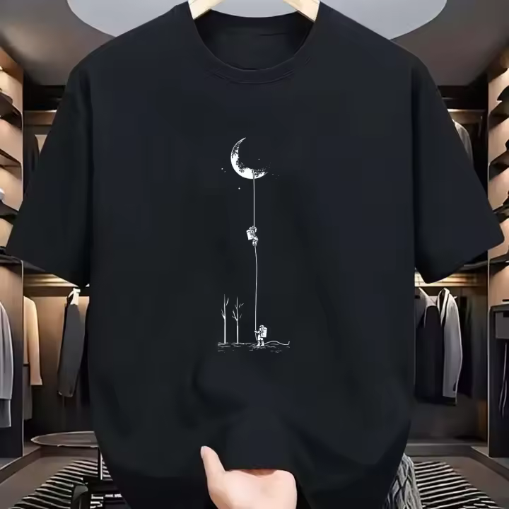 Camiseta De Verano Para Hombre Algodón Puro 100% Estilo Casual Ajuste Suelto Tallas Grandes Con Patrón De La Landing En La Luna Cuello Redondo Manga Corta - 1