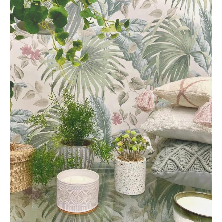 Papel pintado vinílico de hojas de palmera tropical color verde azul y marfil claro - Polynesia Paradise 682839 de GAULAN - Rollo de 10 m x 0,53 m