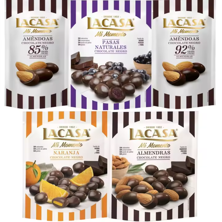 Lacasa Mi Momento pack de 5:Almendra 92% ,Almendra 85% ,Pasas Chocolate Negro ,Almendra Chocolate Negro ,Naranja Chocolate Negro - 1