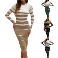Vestido Elegante Para Mujer Con Rayas Para Oficina Stretch Pencil Knitted Vestido Alineado Cintura Natural Manga Larga O-Neck Vintage - details 0