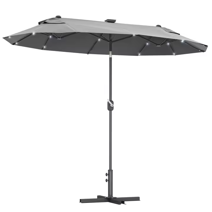 Outsunny Sombrilla Doble 295x150x219 cm Sombrilla de Jardín con Luces LED Solares Techo con Inclinación Ajustable y Manivela Manual para Patio Piscina Playa Gris - 1