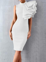 Vestido Elegante De Noche Bodycon Con Cuello Alto Y Sin Mangas De Moda Verano Con Ruffle De Flor Y Diseño De Hombro Solo - details 3