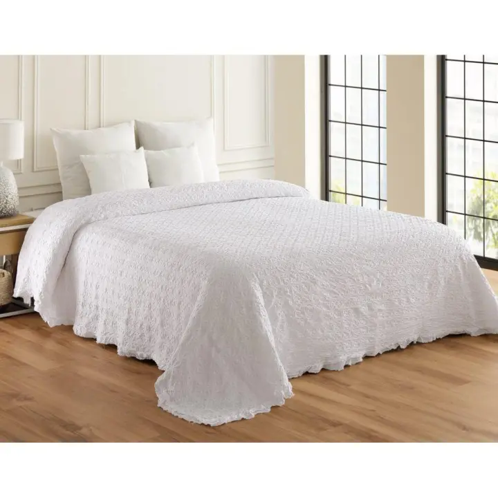 Colcha bouti jacquard 100% algodón de alta calidad + dos fundas de cojín de color blanco para cama de 135 cm - 1