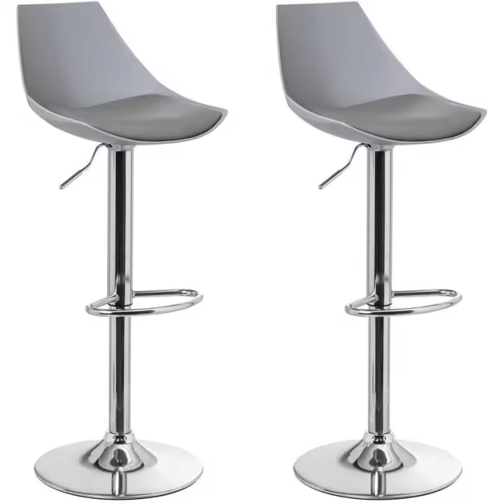 Set of 2 High Kitchen Stools, 360° Swivel, Height Adjustable Bar Stools (83-104 cm), with Backrest, Faux Leather Material, Metal Frame and Footrest, Grey - 1