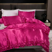 Set De Edredón Satinado 3PCS Colores Blanco Khaki Y Rosa Seda Suave Con Volantes Estilo Moderno Para Cama Conjunto De Ropa De Cama - details 14