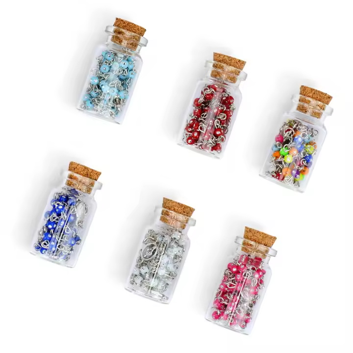 Pack de 6 a 36 unidades de Rosario católico para comunión,6 colores, Colgante de rosario presentado en frasco de cristal, Cruz de metal, Detalles comunión para invitados, Detalles de comunión niño y niña, Regalantes.com - 1