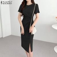 Vestido Bodycon Elegante De Verano ZANZEA Para Mujer Con Manga Corta Y Brecha En El Costado Vestido De Trabajo OL Con Cierre De Cremallera Y Decoración De Encaje Vestido Midi De Polyester - details 8