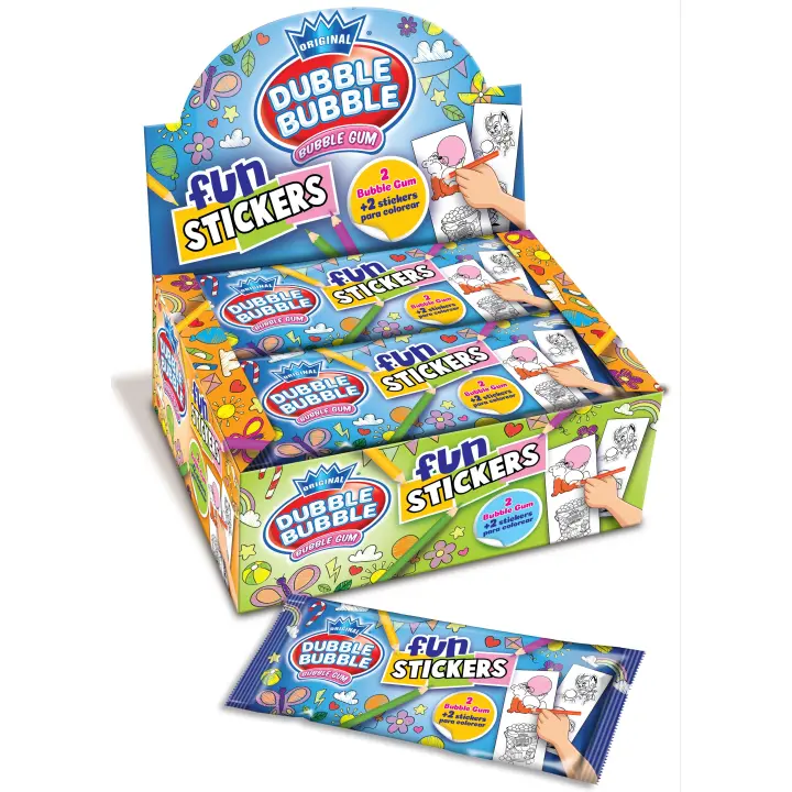 Estuche 24 sobres Dubble Bubble FUN STICKERS 2 chicles + 1 Sticker con 2 pegatinas para colorear - 1