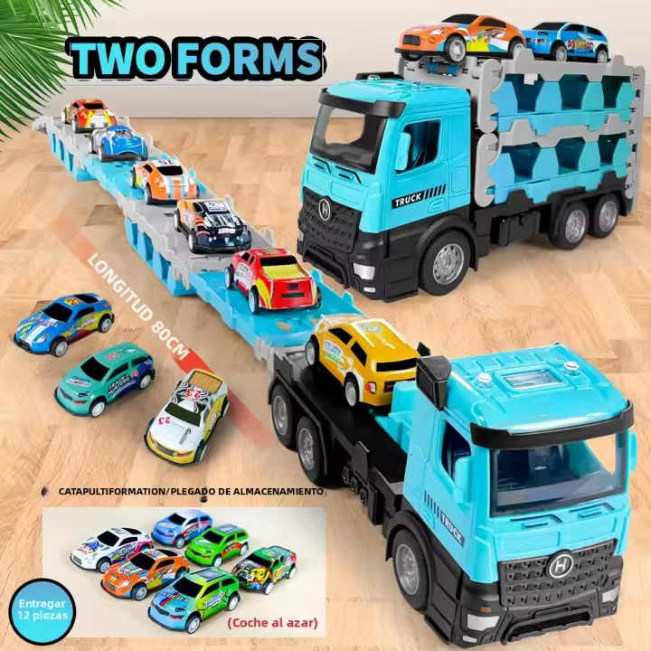 Camión De Carriles Plegables Con 12 Pequeños Coches De Aleación Inercia 80CM Catapult Coche Con Caja De Desplazamiento Juguetes Para Niños Regalo De Navidad - 1