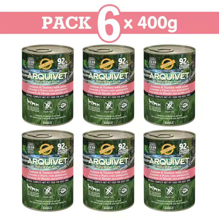 PACK 6 unidades - Adult - Salmón y pavo con guisantes y aceite de salmón - Lata de comida húmeda para perros adultos - 400 g - 1