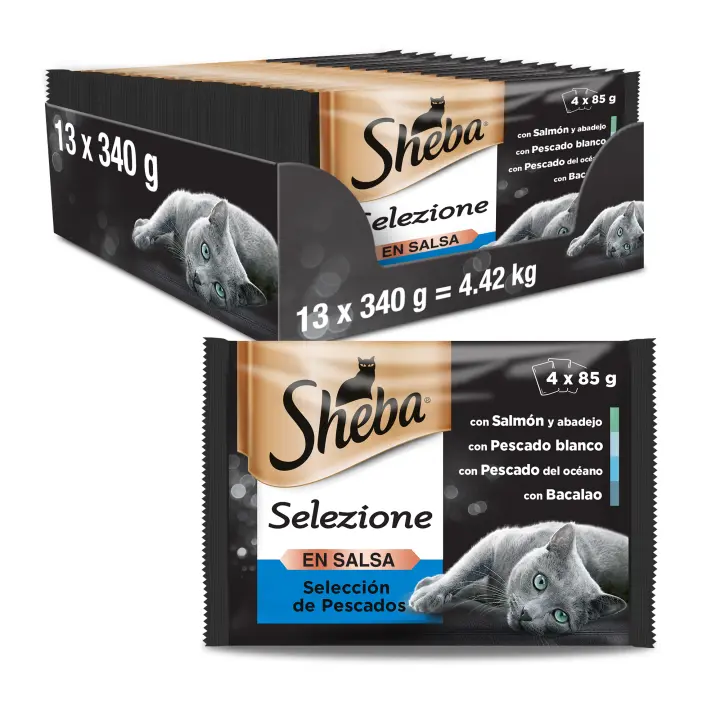 Sheba Selezione Comida Húmeda para Gatos Selección Pescados en Salsa, Multipack (Pack de 13 x 4 bolsitas x 85g - 1