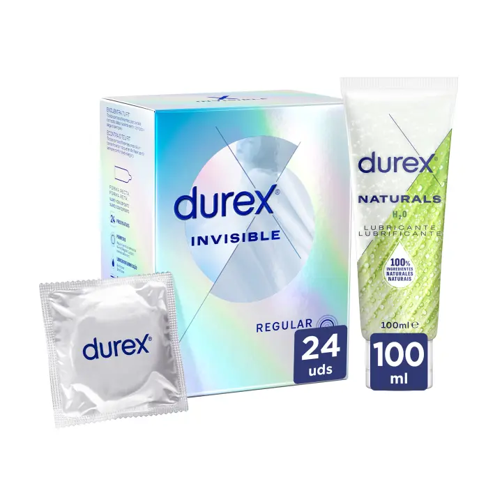 Durex - Condones Invisible, Pack de 24 Preservativos para Sexo Seguro. Perímetro Regular, Grosor Ultra Fino + Lubricante Naturals H2O 100ml, Sensitivo Suave, Extra Seguro y Estimulante Suave - 1