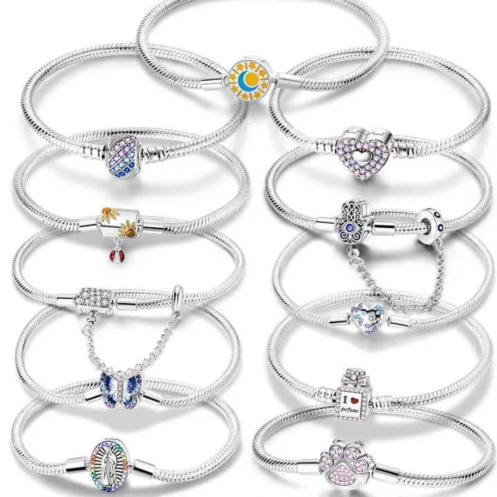Pulsera De Plata 925 Para Mujer Con Cierre Original Y Cadena De Serpiente Adecuada Para Colgar Charm Brillo Zirconia Pulsera Clásica Para Fiestas - 1