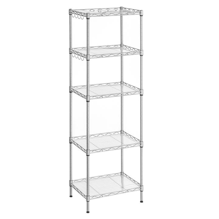 SONGMICS - Estantería de Cocina, Estante de Almacenamiento, 5 Niveles, Fino, 8 Ganchos, Mueble de baño, Tabla de plástico, Regulable en Altura, Metal, para Cocina, Plata