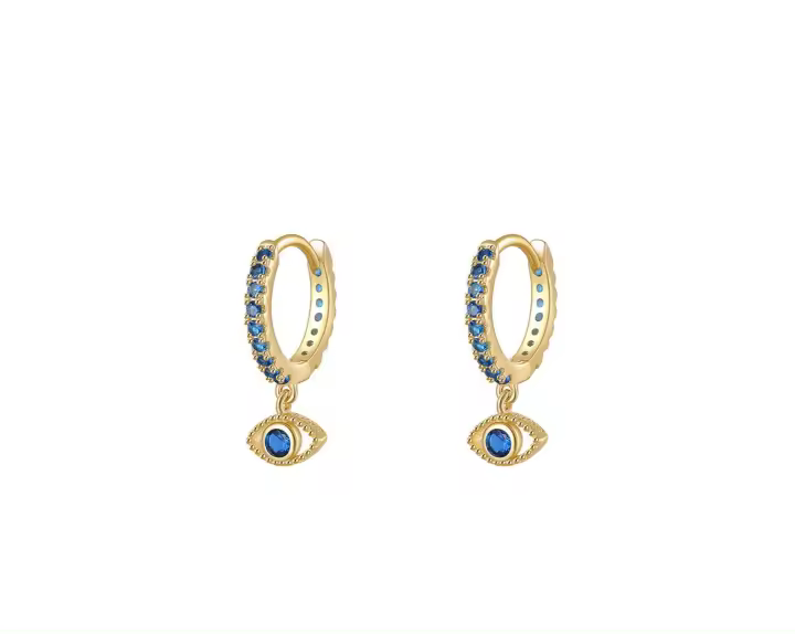 CHIGUAGUA Pendientes Aro con Ojo Turco, Plata 925 Chapada en Oro, Circonitas Azules, 11mm, Ref: CHP158CRIP03N - 1