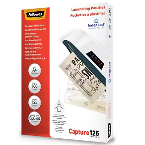 Fellowes Pack de 100 Fundas Plastificar A4 Brillo 125 Micras Alta Calidad Flechas Direccionales Imagelast Fotos Avisos Uso Diario - 1