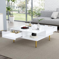 Mesa de Centro cuadrada Blanca DE ALTO Brillo con dos compartimentos, Dos compartimentos y patitas de color Dorado-70x70x36 cm - Capacidad de carga hasta 30 kg - details 1
