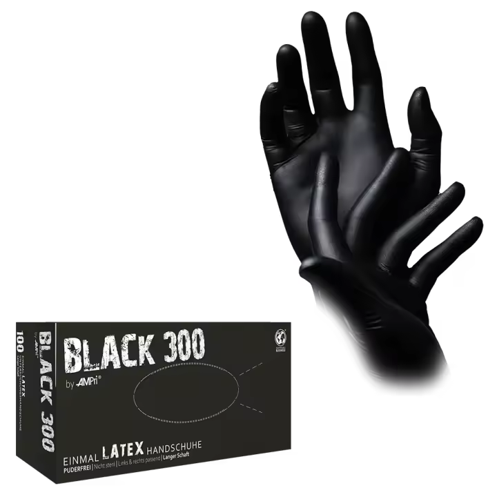 Guantes de látex con longitud extra, negro, sin polvo, Black 300 Latex Style by AMpri - 1