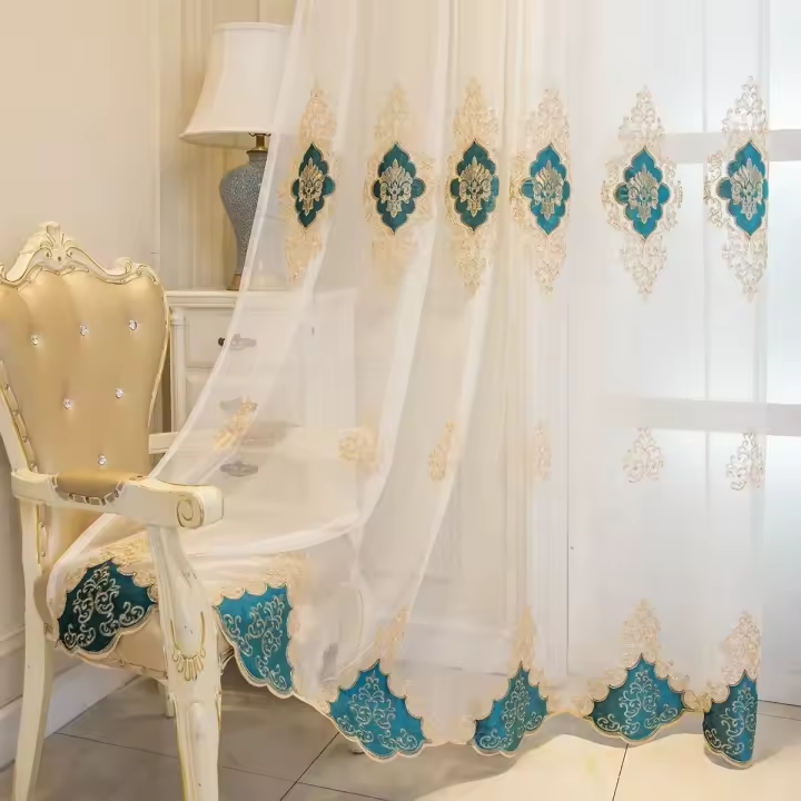 Cortina De Tules Bordadas Estilo Europeo Para Sala De Estar Y Dormitorio Sencilla Translúcida De Poliéster 100% Lujo Exquisito - 1